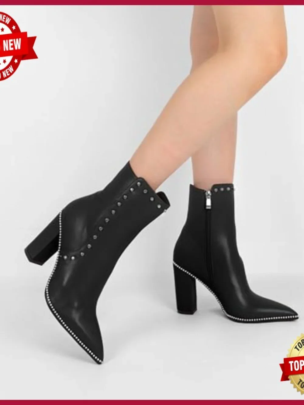 Pointed Toe Ankle Boots with Studs, Chunky 3.7 Inch Heel, Side Zipper Closure